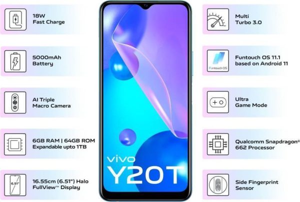 vivo Y20T (Purist Blue, 64 GB) (6 GB RAM) Refurbished For Sale